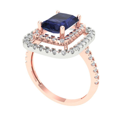 2.62 cttw Simulated Blue Sapphire Hidden Halo Engagement Ring - Solid Rose/White Gold (VVS1, Emerald Cut,8X6.0mm)