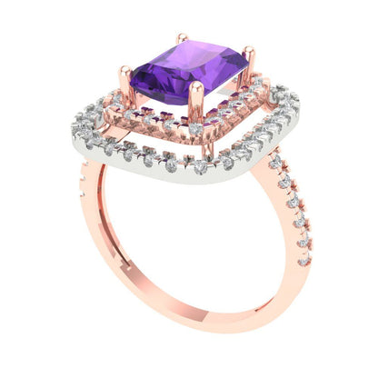 2.62 cttw Natural Amethyst Hidden Halo Engagement Ring - Solid Rose/White Gold (VVS1, Emerald Cut,8X6.0mm)