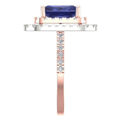2.62 cttw Simulated Tanzanite Hidden Halo Engagement Ring - Solid Rose/White Gold (VVS1, Emerald Cut,8X6.0mm)