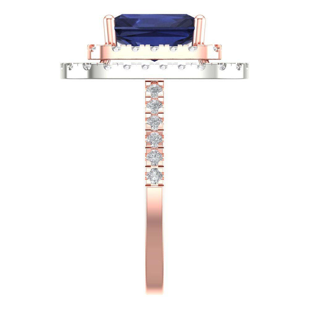 2.62 cttw Simulated Blue Sapphire Hidden Halo Engagement Ring - Solid Rose/White Gold (VVS1, Emerald Cut,8X6.0mm)