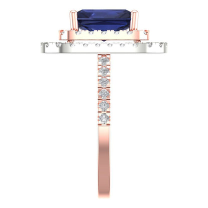 2.62 cttw Simulated Blue Sapphire Hidden Halo Engagement Ring - Solid Rose/White Gold (VVS1, Emerald Cut,8X6.0mm)