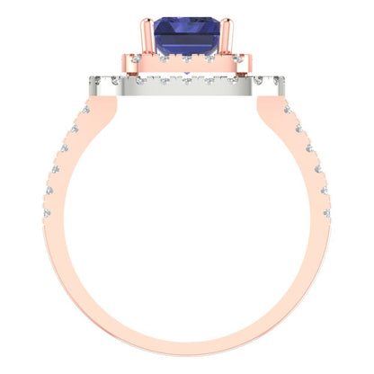 2.62 cttw Simulated Tanzanite Hidden Halo Engagement Ring - Solid Rose/White Gold (VVS1, Emerald Cut,8X6.0mm)