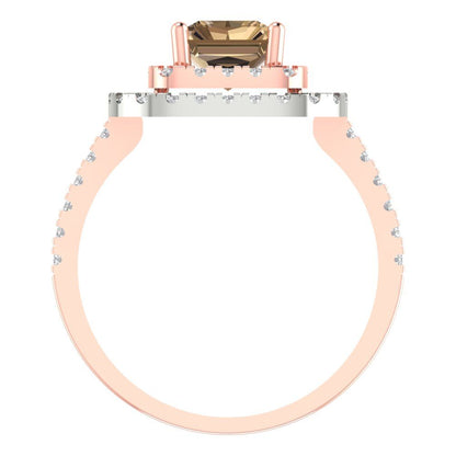 2.62 cttw Zirconia Simulated Champagne Diamond Hidden Halo Engagement Ring - Solid Rose/White Gold (VVS1, Emerald Cut,8X6.0mm)