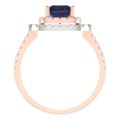 2.62 cttw Simulated Blue Sapphire Hidden Halo Engagement Ring - Solid Rose/White Gold (VVS1, Emerald Cut,8X6.0mm)
