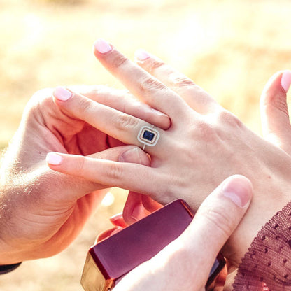 2.62 cttw Simulated Blue Sapphire Hidden Halo Engagement Ring - Solid Rose/White Gold (VVS1, Emerald Cut,8X6.0mm)