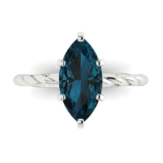 2 cttw Natural London Blue Topaz Solitaire  Engagement Ring - Solid White Gold (VVS1, Marquise Cut,12x6mm )