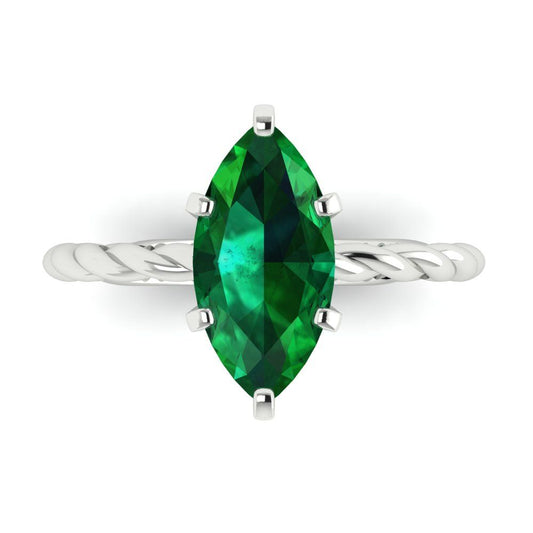 2 cttw Simulated Emerald Solitaire  Engagement Ring - Solid White Gold (VVS1, Marquise Cut,12x6mm )