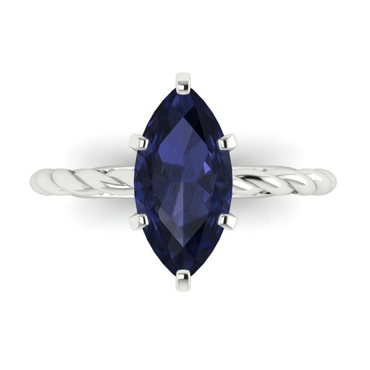 2 cttw Simulated Blue Sapphire Solitaire  Engagement Ring - Solid White Gold (VVS1, Marquise Cut,12x6mm )