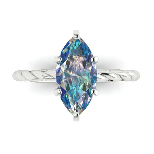 2 cttw Blue Moissanite Solitaire  Engagement Ring - Solid White Gold (VVS1, Marquise Cut,12x6mm )