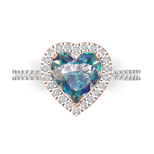 2.285 cttw Blue Moissanite Hidden Halo Engagement Ring - Solid White/Rose Gold (VVS1, Heart Cut,8mm)