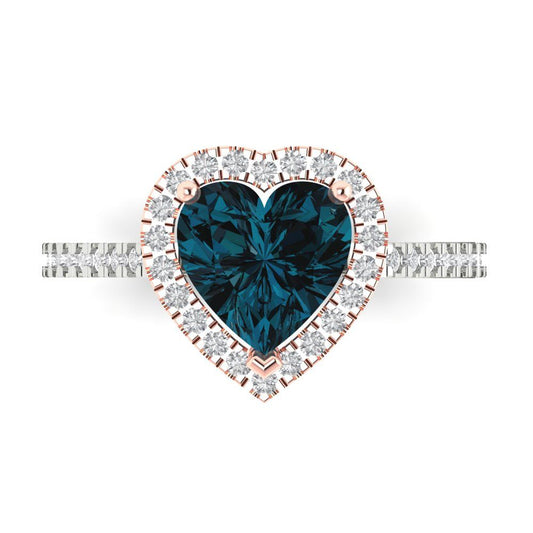2.285 cttw Natural London Blue Topaz Hidden Halo Engagement Ring - Solid White/Rose Gold (VVS1, Heart Cut,8mm)