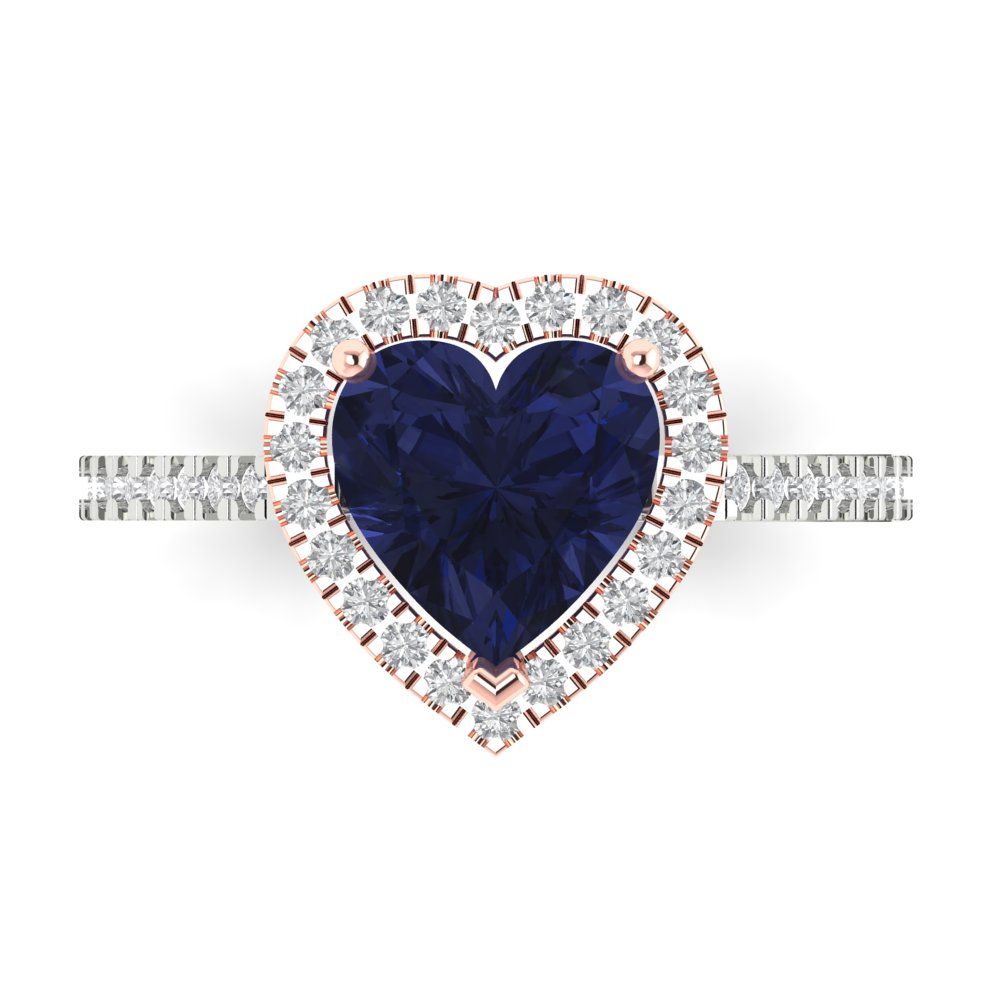 2.285 cttw Simulated Blue Sapphire Hidden Halo Engagement Ring - Solid White/Rose Gold (VVS1, Heart Cut,8mm)