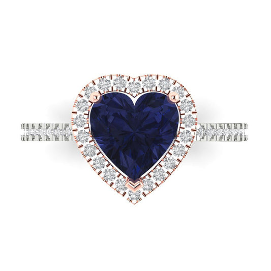 2.285 cttw Simulated Blue Sapphire Hidden Halo Engagement Ring - Solid White/Rose Gold (VVS1, Heart Cut,8mm)