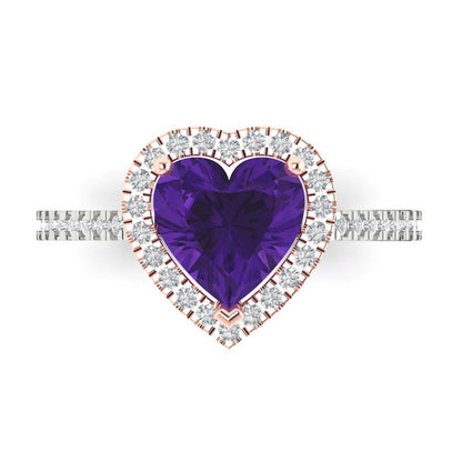 2.285 cttw Natural Amethyst Hidden Halo Engagement Ring - Solid White/Rose Gold (VVS1, Heart Cut,8mm)