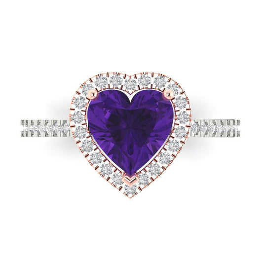 2.285 cttw Natural Amethyst Hidden Halo Engagement Ring - Solid White/Rose Gold (VVS1, Heart Cut,8mm)