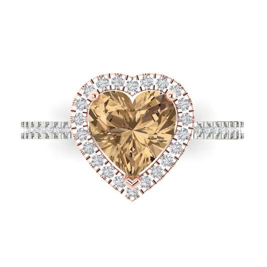 2.285 cttw Zirconia Simulated Champagne Diamond Hidden Halo Engagement Ring - Solid White/Rose Gold (VVS1, Heart Cut,8mm)