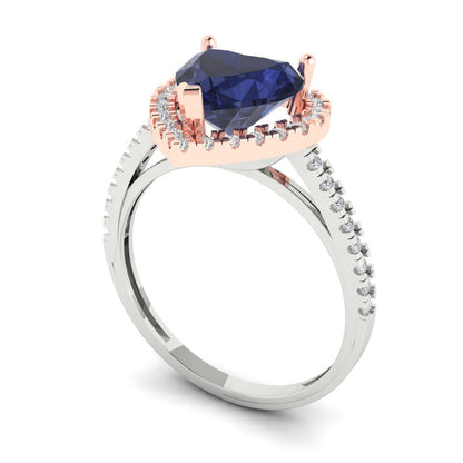 2.285 cttw Simulated Blue Sapphire Hidden Halo Engagement Ring - Solid White/Rose Gold (VVS1, Heart Cut,8mm)