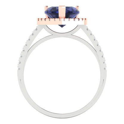 2.285 cttw Simulated Blue Sapphire Hidden Halo Engagement Ring - Solid White/Rose Gold (VVS1, Heart Cut,8mm)