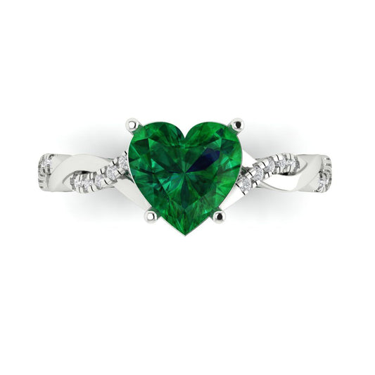 2.1 cttw Simulated Emerald Solitaire with Zirconia Simulated Diamond Accents Engagement Ring - Solid White Gold (VVS1, Heart Cut,8mm)