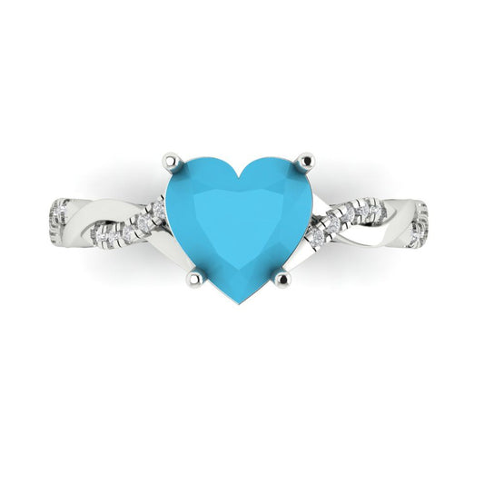 2.1 cttw Simulated Turquoise Solitaire with Zirconia Simulated Diamond Accents Engagement Ring - Solid White Gold (VVS1, Heart Cut,8mm)