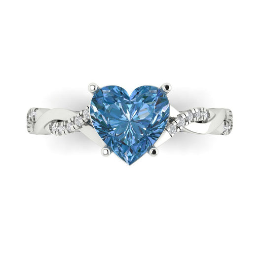 2.1 cttw Zirconia Simulated Blue Diamond Solitaire with Zirconia Simulated Diamond Accents Engagement Ring - Solid White Gold (VVS1, Heart Cut,8mm)