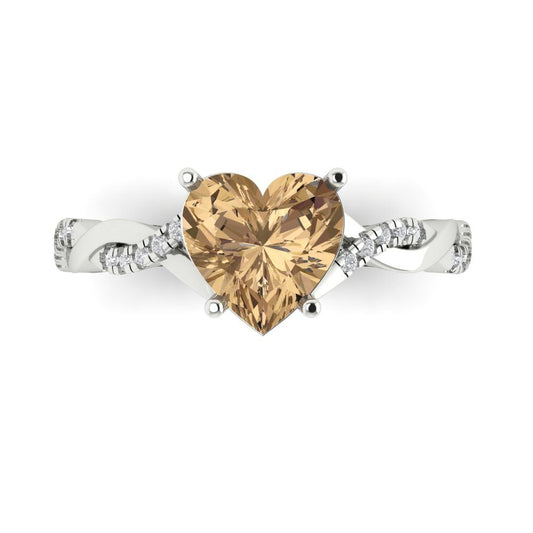 2.1 cttw Zirconia Simulated Champagne Diamond Solitaire with Zirconia Simulated Diamond Accents Engagement Ring - Solid White Gold (VVS1, Heart Cut,8mm)