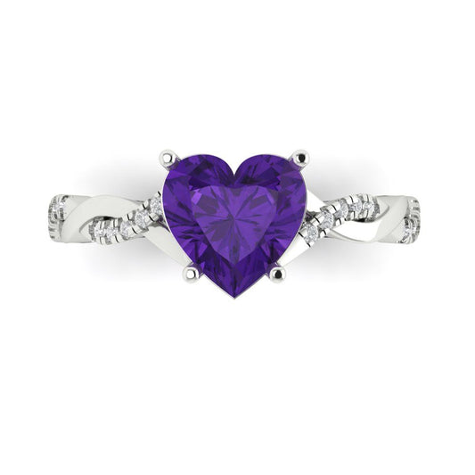 2.1 cttw Natural Amethyst Solitaire with Zirconia Simulated Diamond Accents Engagement Ring - Solid White Gold (VVS1, Heart Cut,8mm)