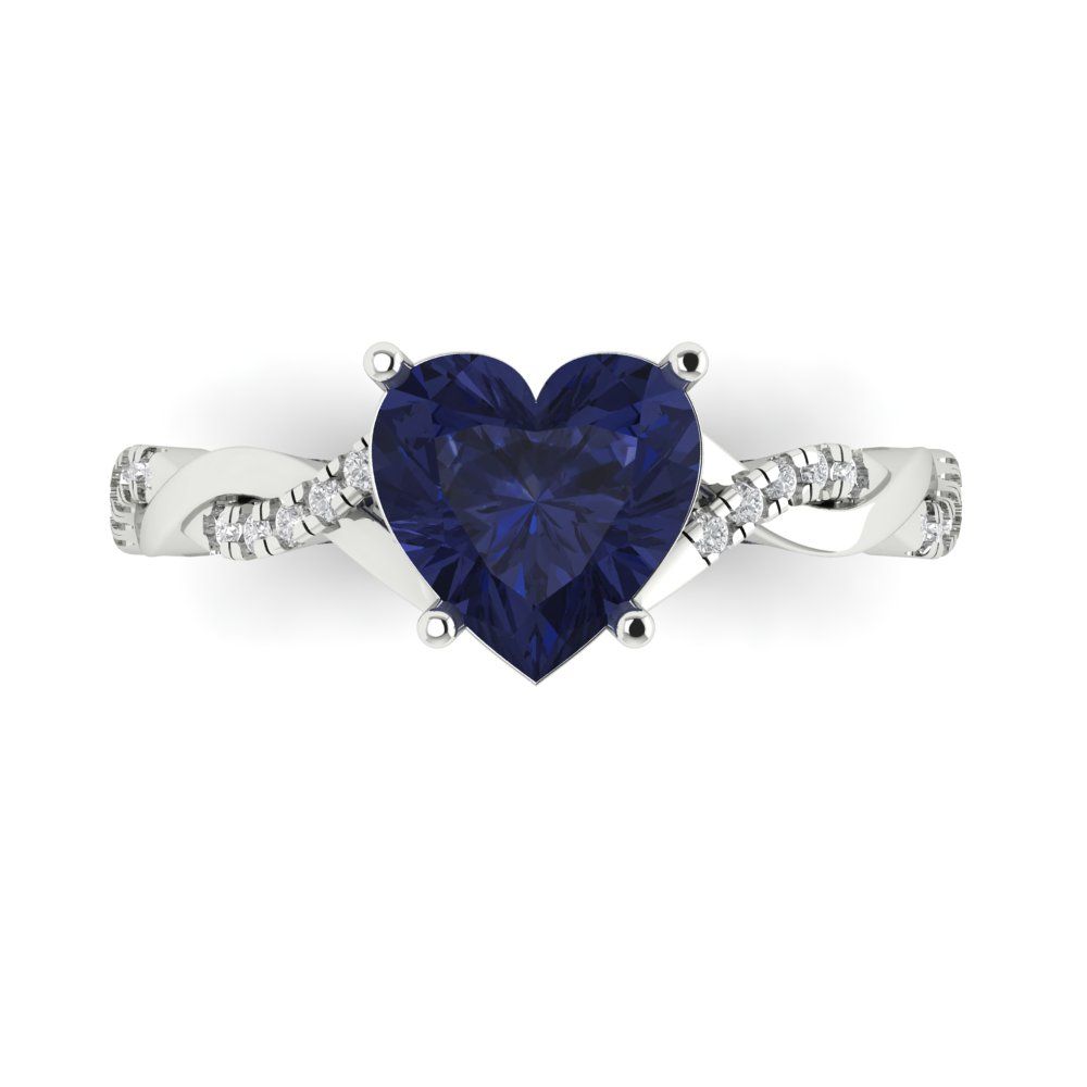 2.1 cttw Simulated Blue Sapphire Solitaire with Zirconia Simulated Diamond Accents Engagement Ring - Solid Gold (Heart Cut,8mm)
