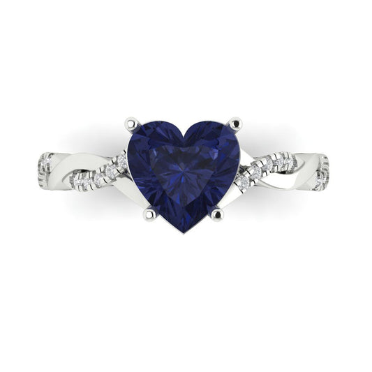 2.1 cttw Simulated Blue Sapphire Solitaire with Zirconia Simulated Diamond Accents Engagement Ring - Solid White Gold (VVS1, Heart Cut,8mm)