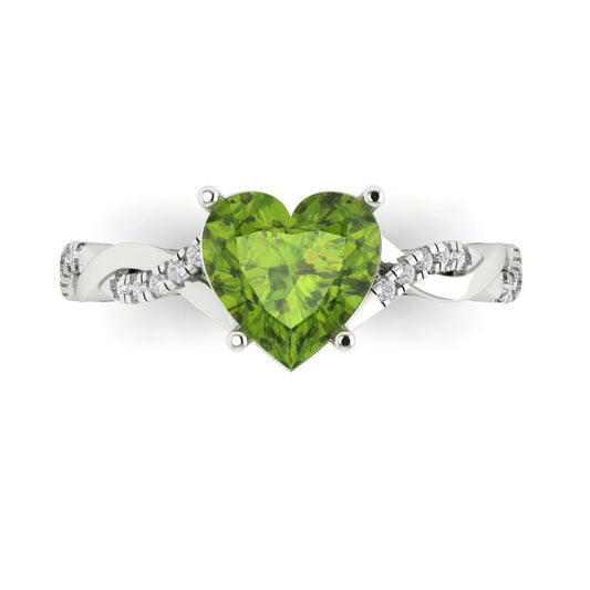 2.1 cttw Natural Peridot Solitaire with Zirconia Simulated Diamond Accents Engagement Ring - Solid White Gold (VVS1, Heart Cut,8mm)