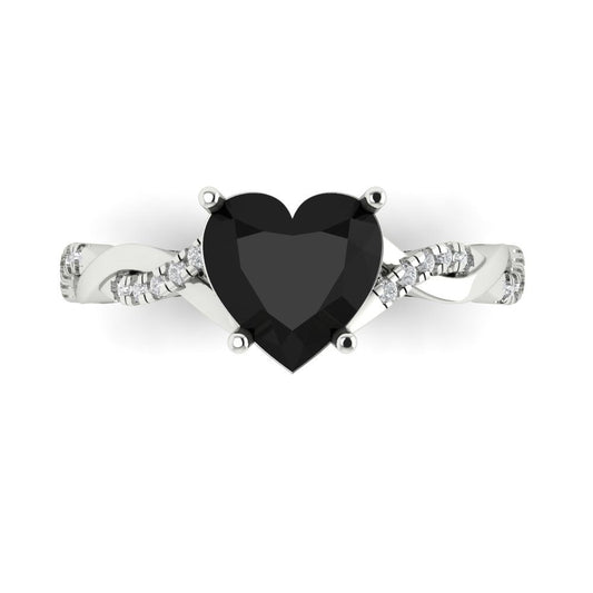 2.1 cttw Natural Onyx Solitaire with Zirconia Simulated Diamond Accents Engagement Ring - Solid White Gold (VVS1, Heart Cut,8mm)