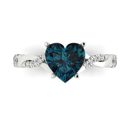 2.1 cttw Natural London Blue Topaz Solitaire with Zirconia Simulated Diamond Accents Engagement Ring - Solid White Gold (VVS1, Heart Cut,8mm)