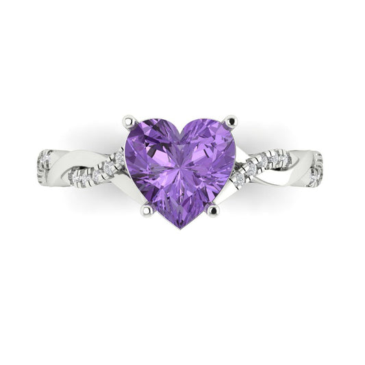 2.1 cttw Simulated Alexandrite Solitaire with Zirconia Simulated Diamond Accents Engagement Ring - Solid White Gold (VVS1, Heart Cut,8mm)