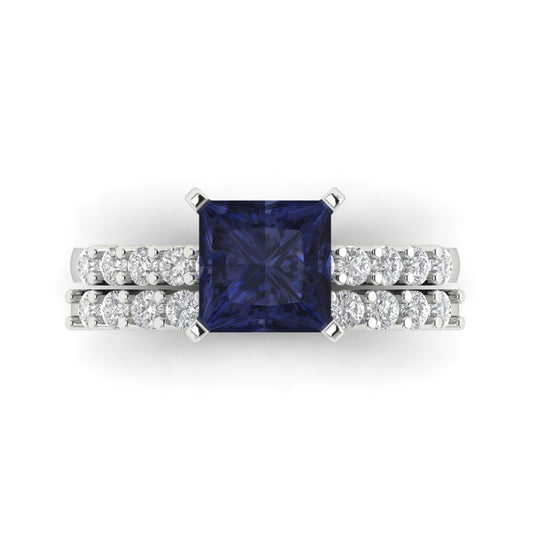 2.63 cttw Princess Cut Simulated Blue Sapphire Bridal Set - Solid White Gold Engagement Ring & Wedding Band