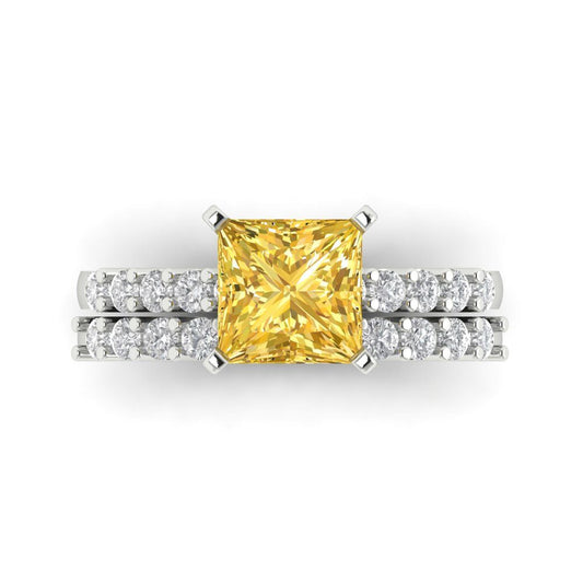 2.63 cttw Princess Cut Simulated Yellow Diamond Bridal Set - Solid White Gold Engagement Ring & Wedding Band