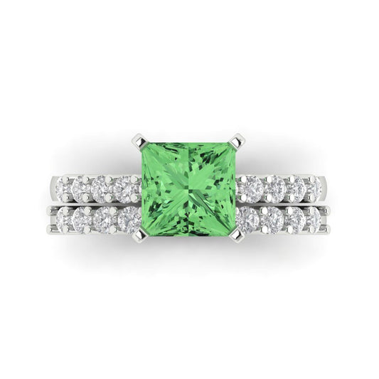 2.63 cttw Princess Cut Simulated Green Diamond Bridal Set - Solid White Gold Engagement Ring & Wedding Band