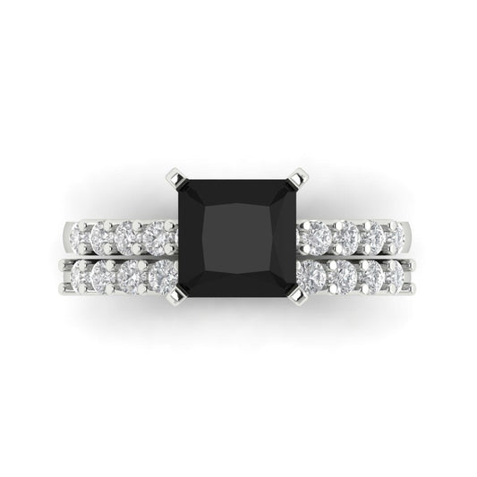2.63 cttw Princess Cut Natural Onyx Bridal Set - Solid White Gold Engagement Ring & Wedding Band