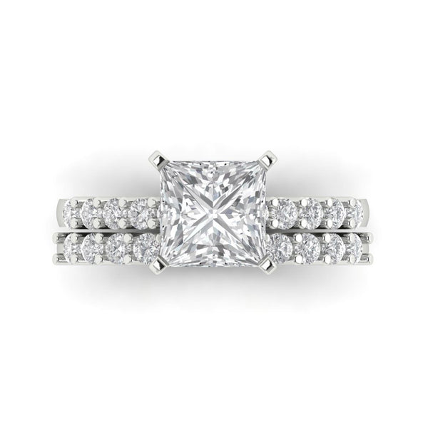 2.66 ct Brilliant Princess Cut Clear Simulated Diamond Stone White Gold Solitaire with Accents Bridal Set