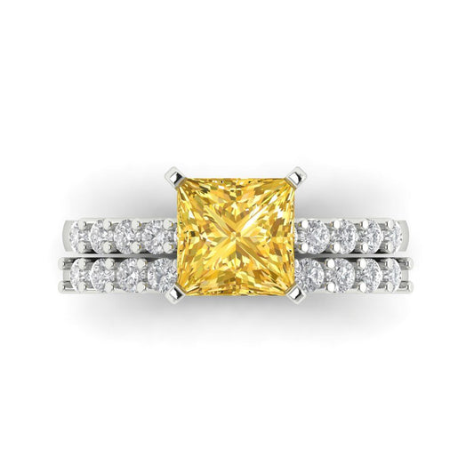 2.63 cttw Princess Cut Natural Citrine Bridal Set - Solid White Gold Engagement Ring & Wedding Band