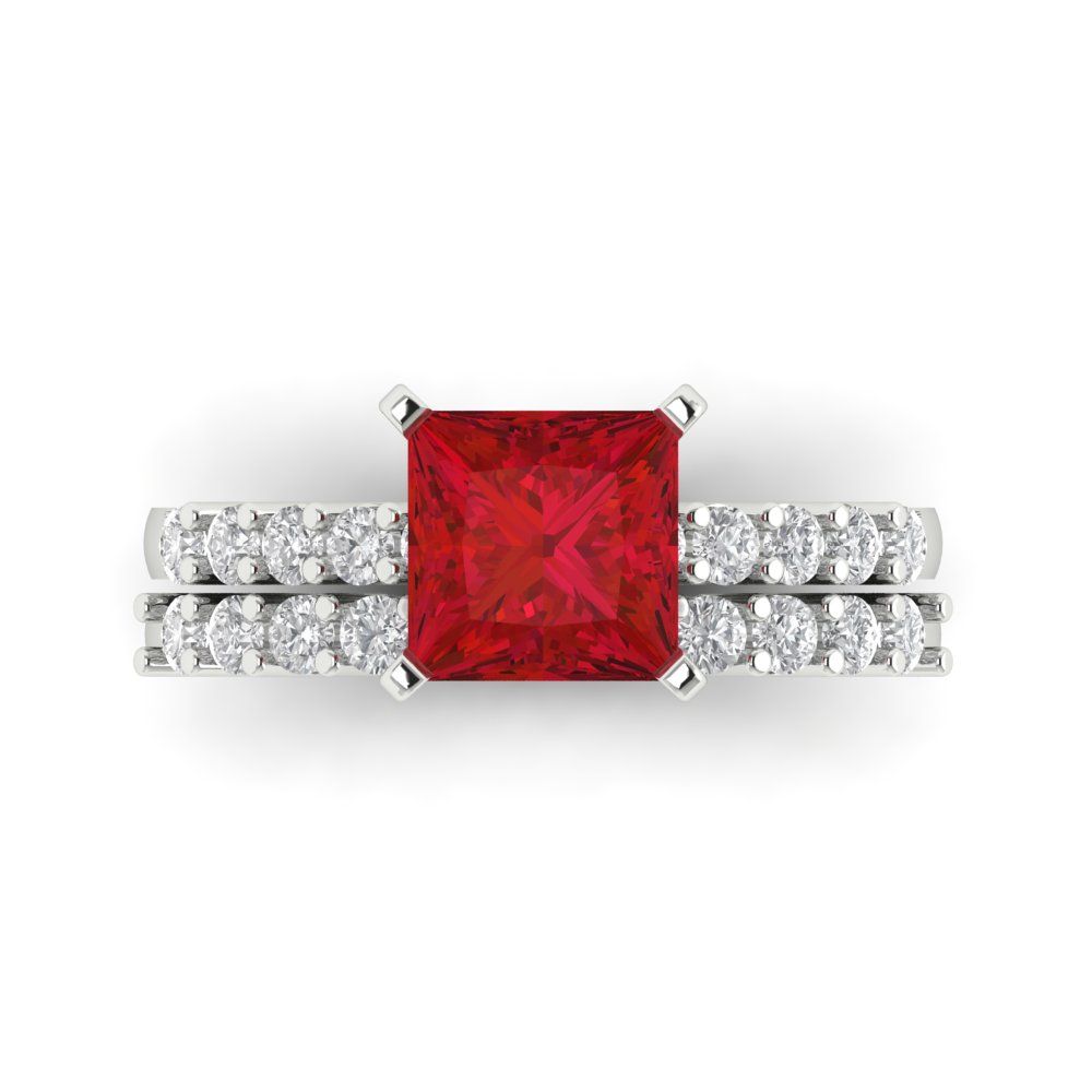 2.63 cttw Princess Cut Simulated Ruby Bridal Set - Solid White Gold Engagement Ring & Wedding Band