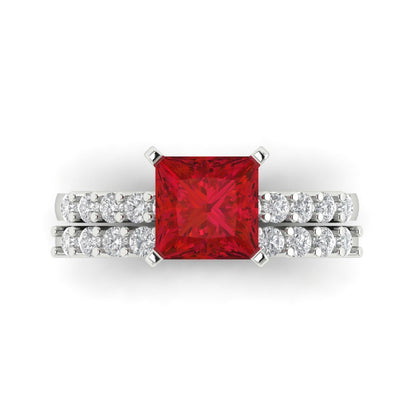 2.63 cttw Princess Cut Simulated Ruby Bridal Set - Solid White Gold Engagement Ring & Wedding Band