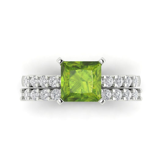 2.63 cttw Princess Cut Natural Peridot Bridal Set - Solid White Gold Engagement Ring & Wedding Band