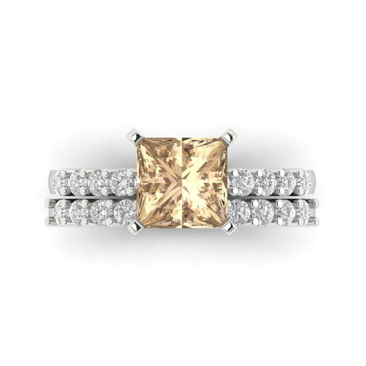2.63 cttw Princess Cut Yellow Moissanite Bridal Set - Solid White Gold Engagement Ring & Wedding Band