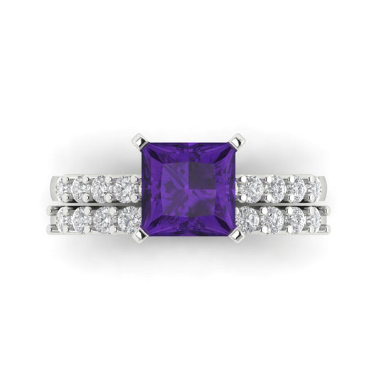 2.63 cttw Princess Cut Natural Amethyst Bridal Set - Solid White Gold Engagement Ring & Wedding Band