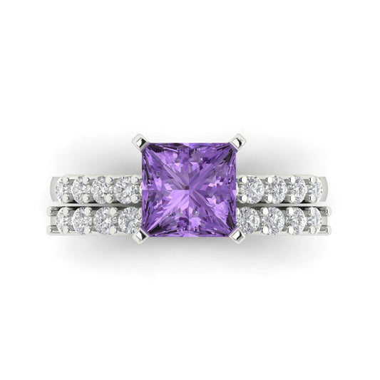 2.63 cttw Princess Cut Simulated Alexandrite Bridal Set - Solid White Gold Engagement Ring & Wedding Band