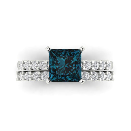 2.63 cttw Princess Cut Natural London Blue Topaz Bridal Set - Solid White Gold Engagement Ring & Wedding Band