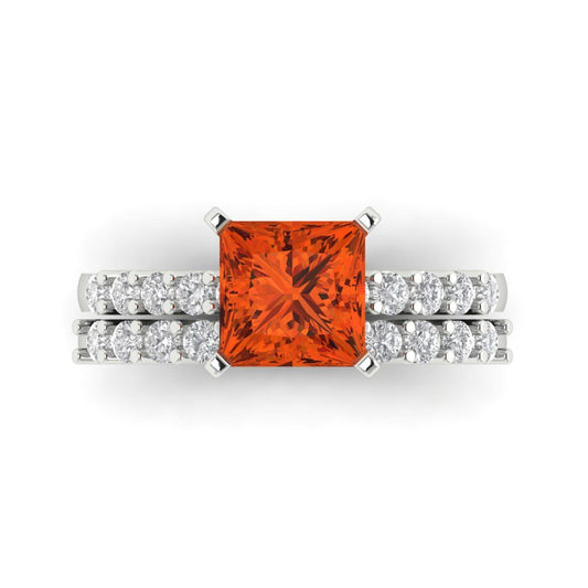 2.63 cttw Princess Cut Simulated Red Diamond Bridal Set - Solid White Gold Engagement Ring & Wedding Band