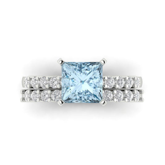 2.63 cttw Princess Cut Natural Aquamarine Bridal Set - Solid White Gold Engagement Ring & Wedding Band