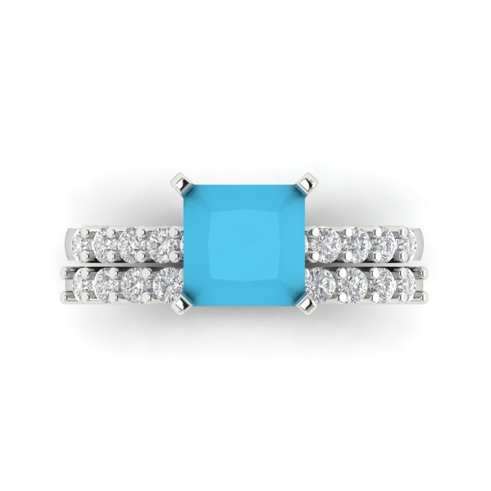 2.63 cttw Princess Cut Simulated Turquoise Bridal Set - Solid White Gold Engagement Ring & Wedding Band