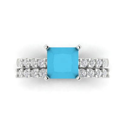 2.63 cttw Princess Cut Simulated Turquoise Bridal Set - Solid White Gold Engagement Ring & Wedding Band